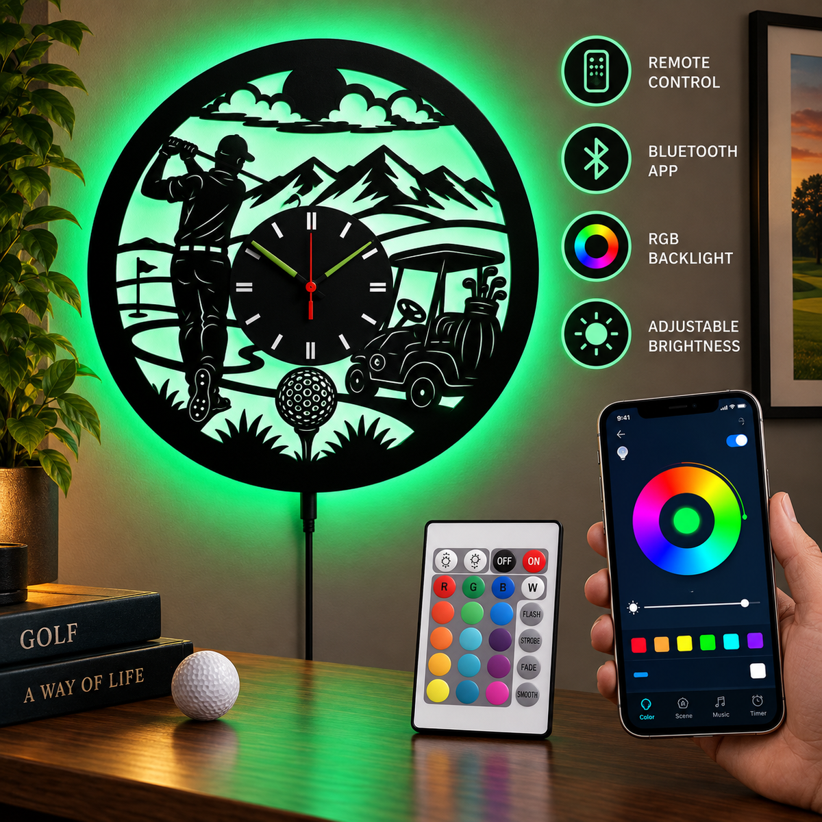 ResenWood™ Golf Wall Clock with RGB LED Lights, Bluetooth & Remote, Golf Gifts for Men