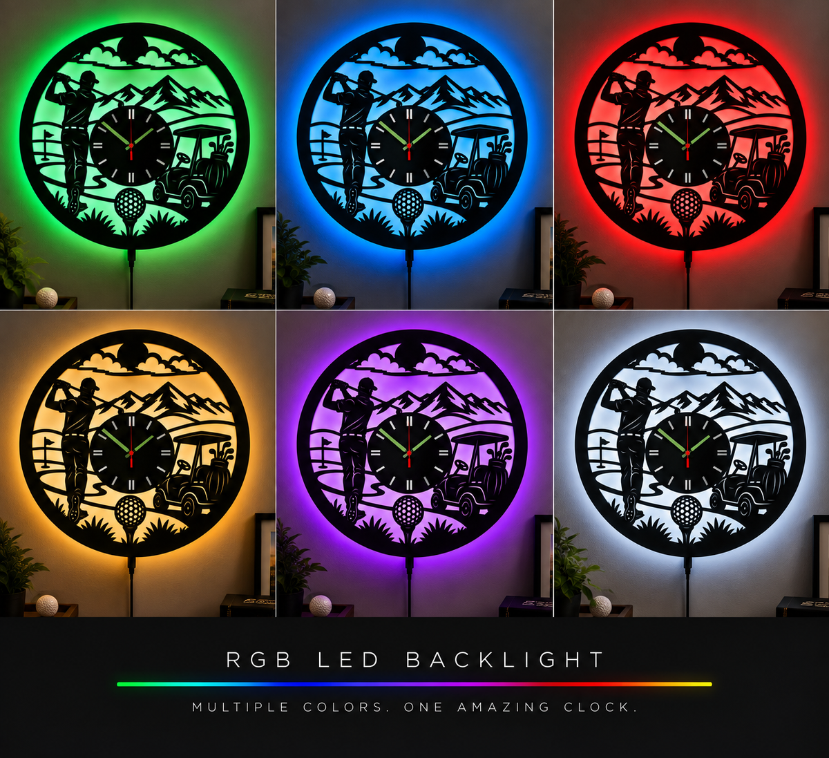ResenWood™ Golf Wall Clock with RGB LED Lights, Bluetooth & Remote, Golf Gifts for Men