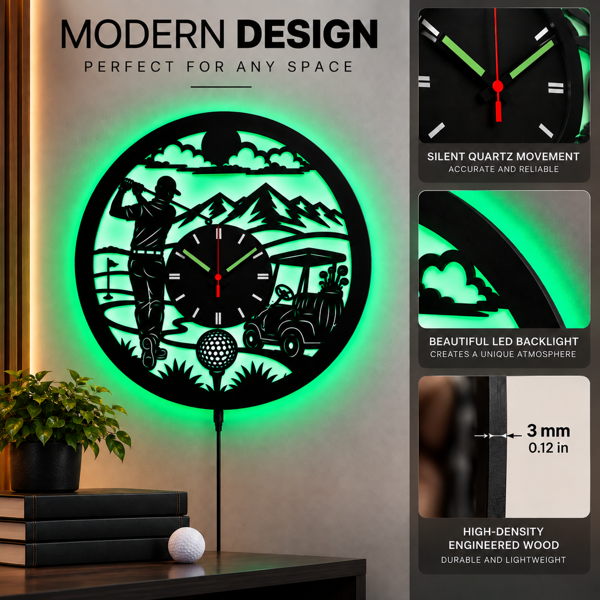 ResenWood™ Golf Wall Clock with RGB LED Lights, Bluetooth & Remote, Golf Gifts for Men