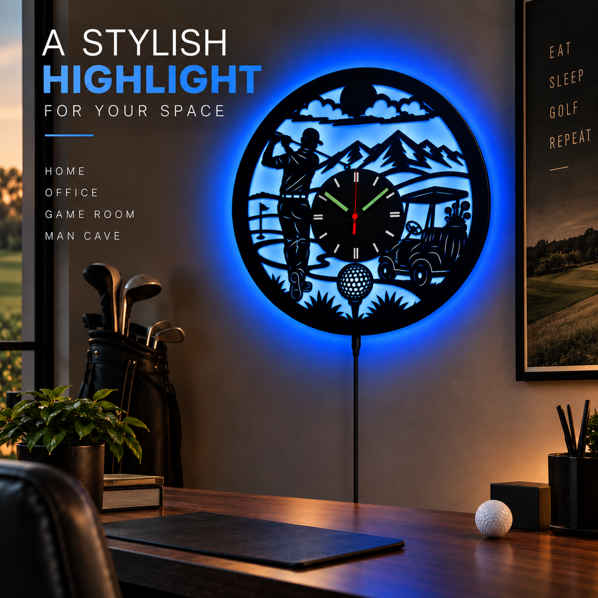 ResenWood™ Golf Wall Clock with RGB LED Lights, Bluetooth & Remote, Golf Gifts for Men